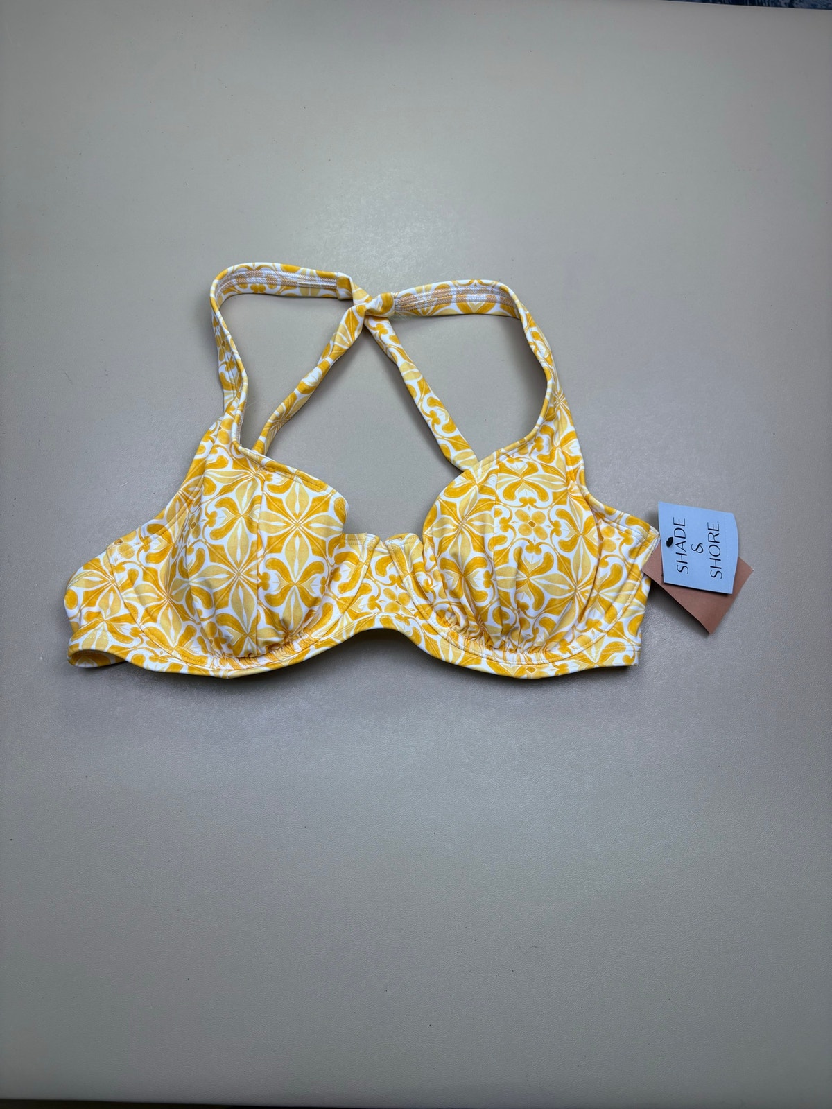 Nwt Shade & Shore Bikini Top 38d Yellow White Floral Underwire Halter Swim Top
